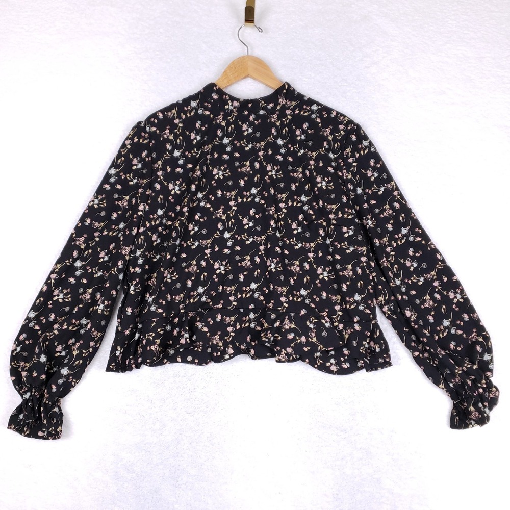 Abound Floral High Neck Blouse Long Sleeve XXL Black Scallop Hem‎ Cottagecore